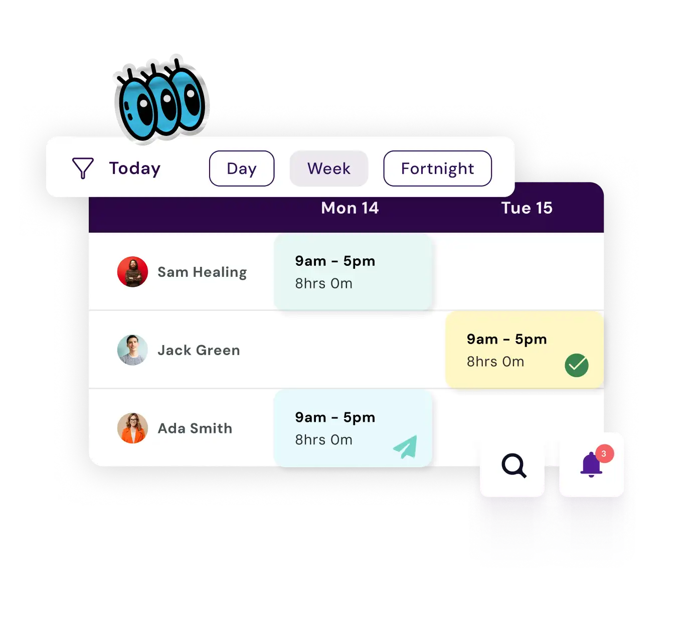 Calendar interface showing a weekly schedule for three users, each with an 8-hour shift from 9am to 5pm. Interactive icons for search and notifications.
