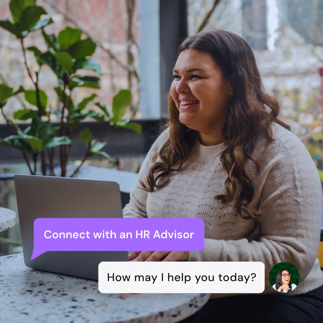 A woman with long hair smiles while using a laptop at a speckled stone table. Speech bubbles read "Connect with an HR Advisor" and "How may I help you today?"